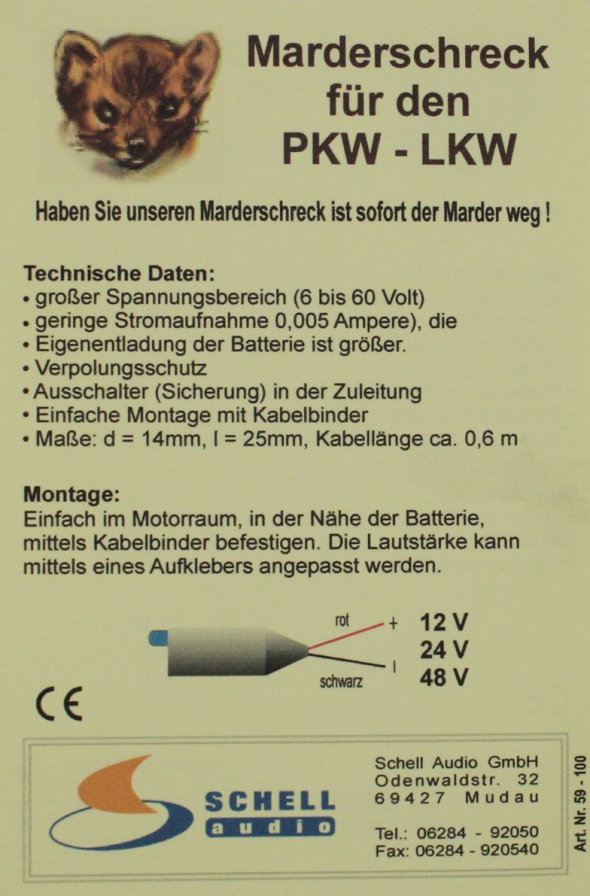 Marderschreck Profi Schell Audio Marderabwehr Marderschutz